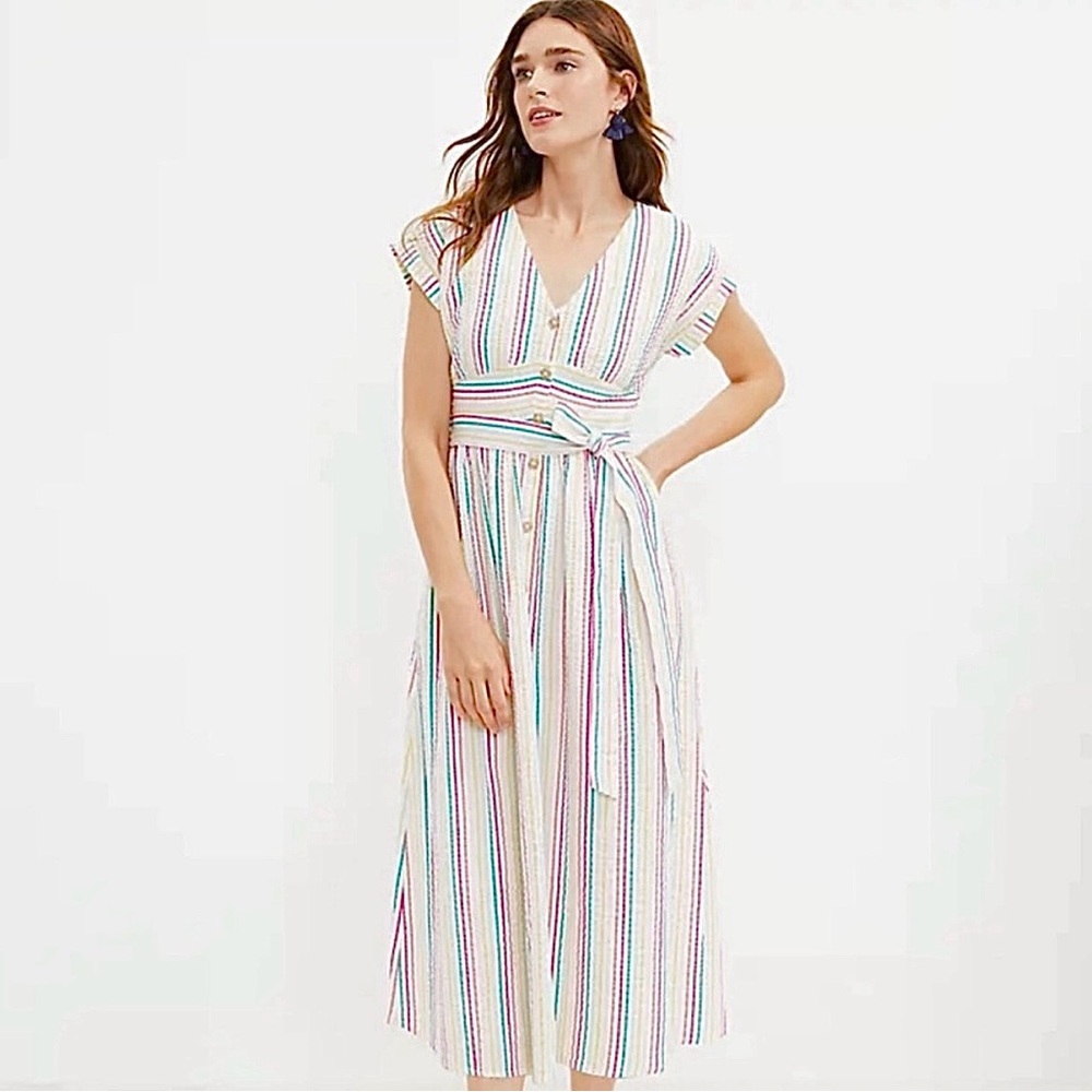 LOFT A-Line Tie Waist 100% Cotton Midi Dress with Rainbow Stripes - Sz 10 Petite